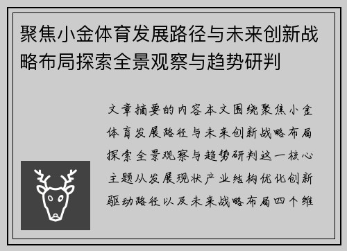 聚焦小金体育发展路径与未来创新战略布局探索全景观察与趋势研判