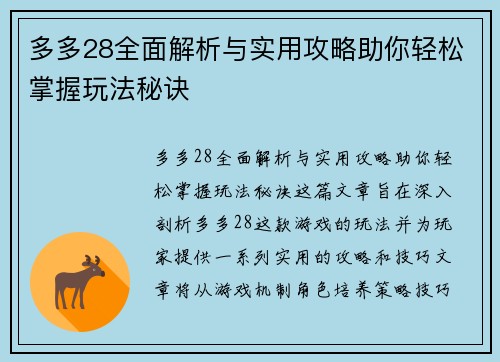 多多28全面解析与实用攻略助你轻松掌握玩法秘诀