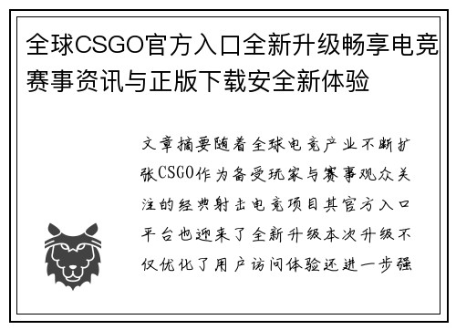 全球CSGO官方入口全新升级畅享电竞赛事资讯与正版下载安全新体验 全球CSGO官方入口全新升级畅享电竞赛事资讯与正版下载安全新体验