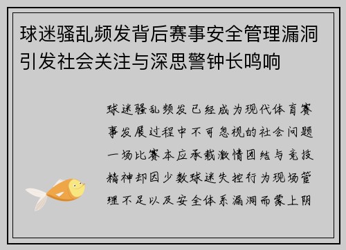 球迷骚乱频发背后赛事安全管理漏洞引发社会关注与深思警钟长鸣响